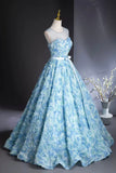 Blue Rose Flower Long Prom Dress, Blue A-Line Evening Party Dress HZ0429