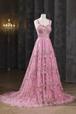 Pink Applique Long Prom Dress, A-Line Spaghetti Straps Formal Dress HZ0429
