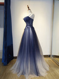 Blue Gradient Tulle Spaghetti Strap Long Party Dress, Beautiful A-line Prom Dress HZ0429