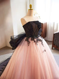 Black and Pink Tulle Lace Long Prom Dress, A-Line Strapless Evening Sweet 16 Dress HZ0429