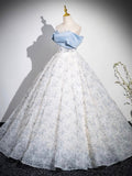 Blue Tulle Printing Floor Length Prom Dress, Off the Shoulder Backless Evening Dress HZ0429