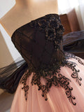 Black and Pink Tulle Lace Long Prom Dress, A-Line Strapless Evening Sweet 16 Dress HZ0429
