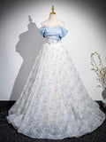 Blue Tulle Printing Floor Length Prom Dress, Off the Shoulder Backless Evening Dress HZ0429