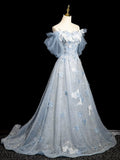 Blue Tulle Sequins Long Prom Dress with Lace, Beautiful Off the Shoulder Evening Party Dress HZ0429