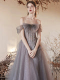 Gray Tulle Beaded Long Prom Dress, Beautiful Off the Shoulder Evening Party Dress HZ0429