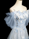 Blue Tulle Sequins Long Prom Dress with Lace, Beautiful Off the Shoulder Evening Party Dress HZ0429