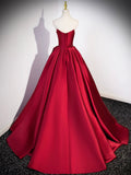 Burgundy Satin Strapless Long Prom Dress, Beautiful A-Line Evening Party Dress HZ0429