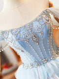 Blue Beading Rhinestone Ruffles Prom Dress, Blue Off the Shoulder Evening Formal Dress HZ0429