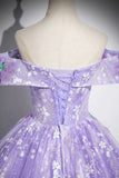 Purple Floral Tulle Long Prom Dress, Lovely A-Line Off the Shoulder Party Dress HZ0429