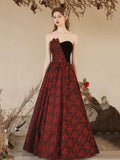 Elegant Rose Pattern Satin Long Prom Dress with Velvet, A-Line Strapless Formal Evening Dress HZ0429