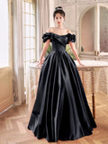 Black Satin Long A-Line Prom Dress, Black Off the Shoulder Formal Evening Dress HZ0429