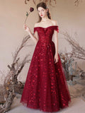Burgundy Tulle Sequins Floor Length Prom Dress, Off the Shoulder Evening Party Dress HZ0429