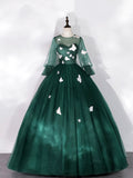 Dark Green Tulle Floor Length Prom Dress with Butterfly Appliques, A-Line Long Sleeve Evening Party Dress HZ0429