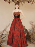 Burgundy Satin Sequins Long Prom Dress, Elegant A-Line Strapless Formal Party Dress HZ0429