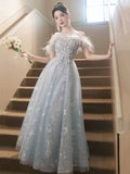 Cute Tulle Lace Long Prom Dress, Light Blue Tulle Off Shoulder Evening Dress HZ0429
