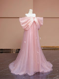 Candy Pink Bow Floor Length Prom Dress, Lovely A-Line Princess Off the Shoulder Formal Dress HZ0429