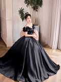 Black Satin Long A-Line Prom Dress, Black Off the Shoulder Formal Evening Dress HZ0429