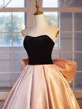 Black Velvet and Pink Satin Floor Length Prom Dress, Beautiful A-Line Strapless Party Dress HZ0429