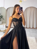 Black Chiffon Lace Long Prom Dress, Black Spaghetti Strap A-Line Evening Dress with Slit HZ0429