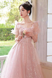 Beautiful Tulle Flowers Floor Length Prom Dress, Pink/White A-Line Evening Party Dress HZ0429