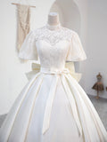 Beautiful Sweetheart Neck Satin Long Prom Dress with Detachable Lace Top, White Formal Wedding  Dress HZ0429