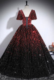 Burgundy Black Ombre Sequin Ball Gown Puff Sleeve Square Neck Prom Dress HZ0429
