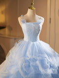 Blue Spaghetti Strap Tulle Lace Long Prom Dress, Beautiful A-Line Party Gown HZ0429