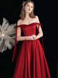 Burgundy Satin Long Prom Dress, Beautiful A-Line Off the Shoulder Evening Party Dress HZ0429