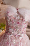 Pink Flower Fairy Tulle Long Prom Dress, Beautiful Off the Shoulder Party Dress HZ0429