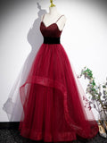 Burgundy Spaghetti Strap Tulle Long Corset Prom Dress, A-Line Evening Party Dress HZ0429