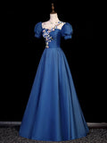 Elegant Blue Tulle Lace Long Prom Dress, Blue High Neck A-Line Evening Dress HZ0429