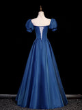 Elegant Blue Tulle Lace Long Prom Dress, Blue High Neck A-Line Evening Dress HZ0429