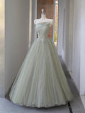 Gray Green Tulle Sequins Long Prom Dress, Beautiful A-Line Strapless Evening Party Dress HZ0429