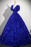 Blue V-Neck Sequins Long Prom Dress, Blue Short Sleeve Party Dress HZ0429