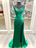 Green Pleated Satin Beaded Long Prom Dress, Mermaid Evening Dress with Slit HZ0429
