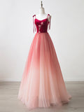 Burgundy Velvet Tulle Long Prom Dress, Beautiful A-Line Spaghetti Strap Evening Party Dress HZ0429
