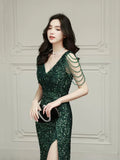 Green Sequins Floor Length Prom Dress, V-Neck Evening Party Dress HZ0429