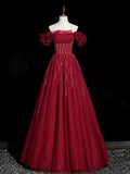 Burgundy Tulle Beaded Floor Length Prom Dress, Elegant Off the Shoulder Party Dress HZ0429