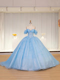 Luxury Light Blue Cinderella Ball Gown Lace Princess Sweet 16 Dresses HZ0429