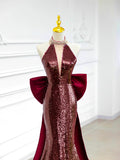Burgundy Sequins Long Prom Dress, Mermaid Backless Evening Party Dress with Bow HZ0429