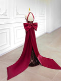 Burgundy Sequins Long Prom Dress, Mermaid Backless Evening Party Dress with Bow HZ0429