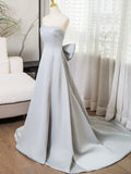 Gray Strapless Satin Long Prom Dress, Simple A-Line Evening Dress HZ0429