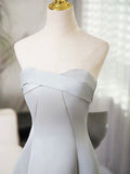 Gray Strapless Satin Long Prom Dress, Simple A-Line Evening Dress HZ0429