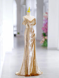 Gold Sequins Long Prom Dress, Off Shoulder V-Neck Evening Party Dress HZ0429