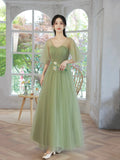 Green A-Line Tulle Floor Length Prom Dress, Beautiful Evening Party Dress HZ0429