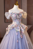 Light Purple Tulle Floral Long Prom Dress, Beautiful A-Line Evening Party Dress HZ0429