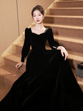 Black Velvet Long Sleeve Formal Dress, A-Line Floor Length Evening Dress HZ0429