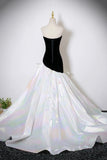 Black Velvet and White Colorful Satin Long Prom Dress, Mermaid Strapless Party Dress HZ0429