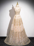 Champagne Tulle Sequins Floor Length Prom Dress, A-Line Backless Evening Party Dress HZ0429
