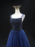Blue Spaghetti Strap Tulle Beaded Long Prom Dress, A-Line Backless Evening Party Dress HZ0429
